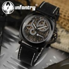 Infantry Mens Skeleton Hand Wind-up Mechanical Watch Leather Strap 2 Color