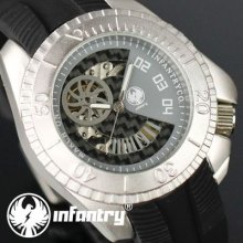 Infantry Mens Skeleton Winding Mechanical Sport Wrist Watch Silver Black Rubber