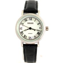 Kessaris Watch Ladies Watch Round Silver W/date Dial Black Leather Strap Watch