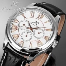 Ks Automatic Mechanical White Dial Date Day Black Leather Men Sport Wrist Watch