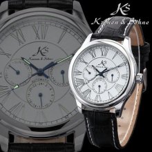 Ks Day Date 24 Hours White Dial Automatic Mechanical Mens Leather Wrist Watch