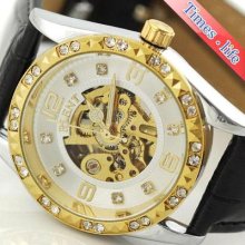 Ladies Automatic Watch Golden Skeleton Crystal White Nw