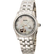 Ladies Bulova Automatic Stainless Steel White Mother Of Pearl Dial Watch