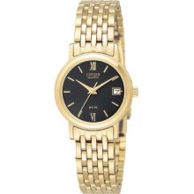 Ladies Citizen Quartz 50 Meter Black Dial Gold Tone Watch With Date Eu2502-51e