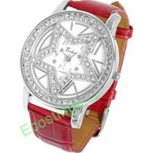 Ladies Leather Band Watch Star Design Dial + Rhinestone