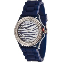 Ladies Navy Blue Silicone Watch w/ Zebra Print & Crystals on Silver Bezel - Silver - Sterling Silver - One Size