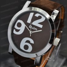Ladies Quartz Analog Big Arabic Numerals Hour Mark Wrist Watch Brown Leather