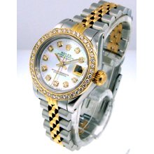 Ladies Rolex 18k Gold Steel Datejust White Mother Of Pearl Diamond Dial Bezel