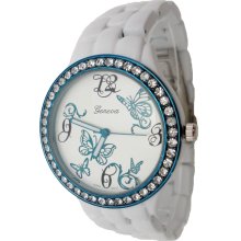 Ladies White Ceramic Like Watch w/ Turquoise Metallic Bezel & Butterfly Design