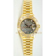 Ladys 18K Yellow Gold President Model 69178 Custom Added Tehetian Mother Of Pearl Diamond Dial & Factory 12 Diamond Bezel