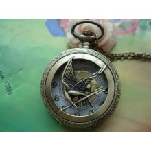 Large Antique Bronze Vintage Filigree Birds Arrows Mocking Jay Hunger Games Hometown Golden Movement Round Pocket Watch Locket Necklaces