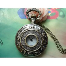 Large Antique Bronze Vintage Filigree 12 Constellations Patterns Round Pocket Watch Locket Pendants Necklaces Free Ribbon