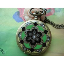 Large Antique Bronze Vintage Filigree Painted Green Black & Yellow Flowers with Diamond Jewel Round Pocket Watch Locket Pendants Necklaces