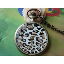 Large Antique Bronze Vintage Filigree Leopard Golden Roman Numbers Steampunk Round Pocket Watch Locket Pendants Necklaces FREE Ribbon