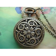 Large Antique Bronze Vintage Filigree Fantasy Flowers Steampunk Round Pocket Watch Locket Pendants Necklaces