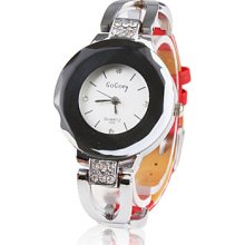 Leather Black PU Band Women's Crystal Decorated Quartz Wrist Watch - Red