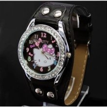 Lovely Hellokitty Dial Plate Rhinestone Leather Band Quartz Movement Wrist Watch