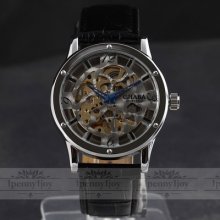Luxury Dress Men Auto Mechanical Wrist Watch Gold Skeleton Steel Case Pu Leather