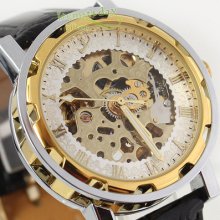 Luxury Mens Automatic Watch Bright Golden Skeleton Black Leather Gift