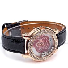 Luxury Rose Dial Crystal Lady Women Charming Leather Quartz Analog Casual Watch