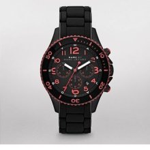 Marc Jacobs Black Rubber Black Dial Coral Trim Chrono Calendar Watch Mbm2585