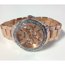 Matte Rose Gold Bracelet Ladies Geneva Iced Out Decorative Chrono Watch 8041
