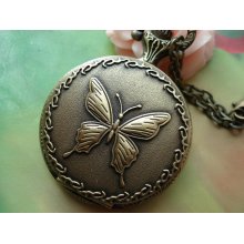 Medium Antique Bronze Vintage Filigree Palace Victorian Butterfly Round Pocket Watch Locket Pendants Necklaces FREE Ribbon