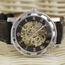 Men Automatic Wrist Watch Gold Skeleton Fashion Balck Face Design Case Gift