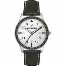 Men`s Prestige Watch With Silver-tone Case With Black Trim & Leather Strap