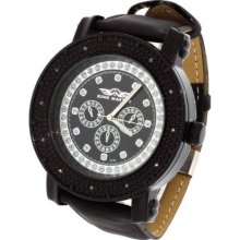 Mens Black Gold Tone Genuine Diamond Watch Crystal Dial Leather Band