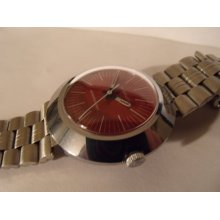 Mens Caravelle Bulova Watch 1973 Red Dial Stainless