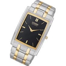 Men's Citizen Eco-Drive Stiletto Two-Tone Stainless Steel Watch with Black Dial (Model: AR3034-59E) citizen