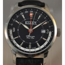Mens Kiber Automatic Dual Time Gmt Black Leather Swiss Watch