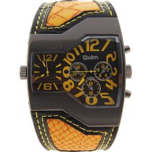 mens new Oulm 2 time zone military watch w/ black&orange face & leather band