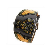 mens new Oulm 2 time zone quartz watch w/black& orange w/wide PU leather band