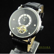 Men's Special Design Black Dial Leather Band Automatic Mechanical Watch