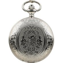 Men's Stainless Steel Pattern Case White Dial Antique Style Pocket Watch with Chain