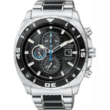 Men's Stainless Steel Two Tone Eco-Drive Chronograph Carbon Fiber Dial Accents