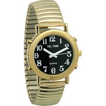 Mens Tel Time Gold Colored Talking Watch with Black Dial Expansion Ban