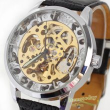 Mens White Case Gold Skeleton Auto Selfwind Mechanical Wrist Watch Black Leather