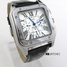 Men's White Square Dial Black Pu Leather Band Automatic Mechanical Wrist Watch
