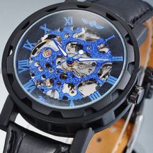 Men's wristwatches, Mechanical Watch Steampunk Black & Blue Partially Transparent Hollow Dial PU Leather Band Hand-winding Mechanical Watch