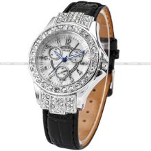 Miler Fashion Silver Case Crystal Lady Women Black Leather Band Quartz Watch