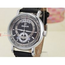Military Black Steel Dial Leather Band Men Automatic Date Chrono Wrist Watch