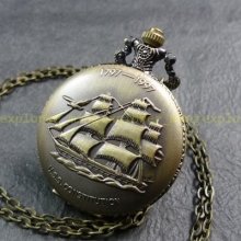 N16 Full Hunter Brass Engraved Sail Pattern 4.5cm Quartz Necklace Pocket Watch