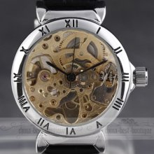 No.1 Hot Sale Skeleton Face Men Faux Leather Strap Auto Mechanical Wrist Watch