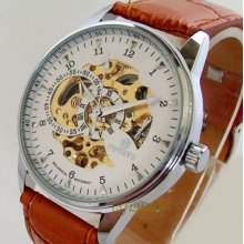 Noble Mens Automatical Mechanical Skeleton Men's Brown Band Wrist Watch