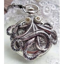 Octopus pocket watch, mens pocket watch with octopus mounted on front case in silver