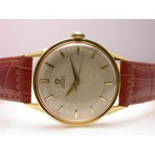 Omega 14k Gold Vintage Automatic Mens Wristwatch Silver Dial Leather Strap