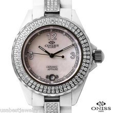 Oniss Ceramic Swiss Mov't Watch White Austrian Crystals Mop Dial Date $1,200
